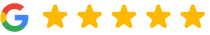 Google logo with five gold stars indicating excellent dental practice rating review